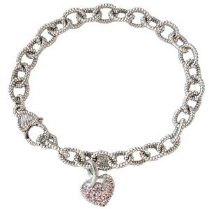 Sterling Silver 925 Ribbed Link Pink Crystal Ribbon Heart Charm Bracelet, L51